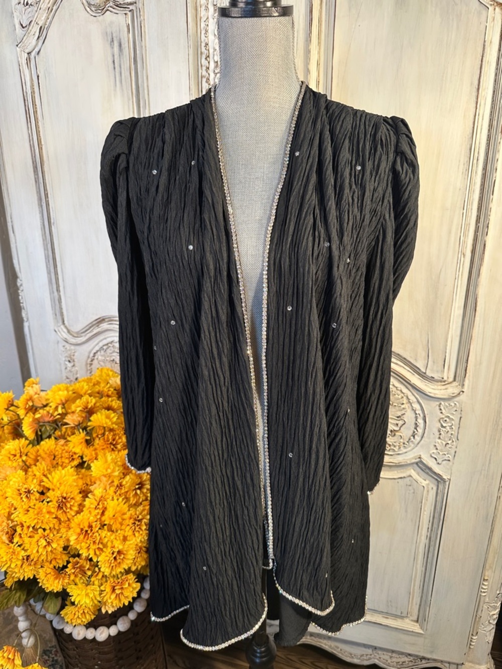 Vintage David Rose Rhinestone Embellished Black Crinkle Open Cardigan